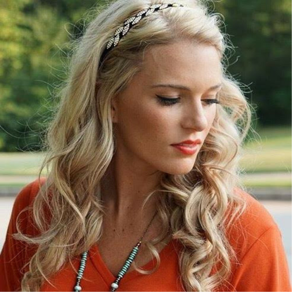 Adjustable Headband - Black Rhinestone Leaf