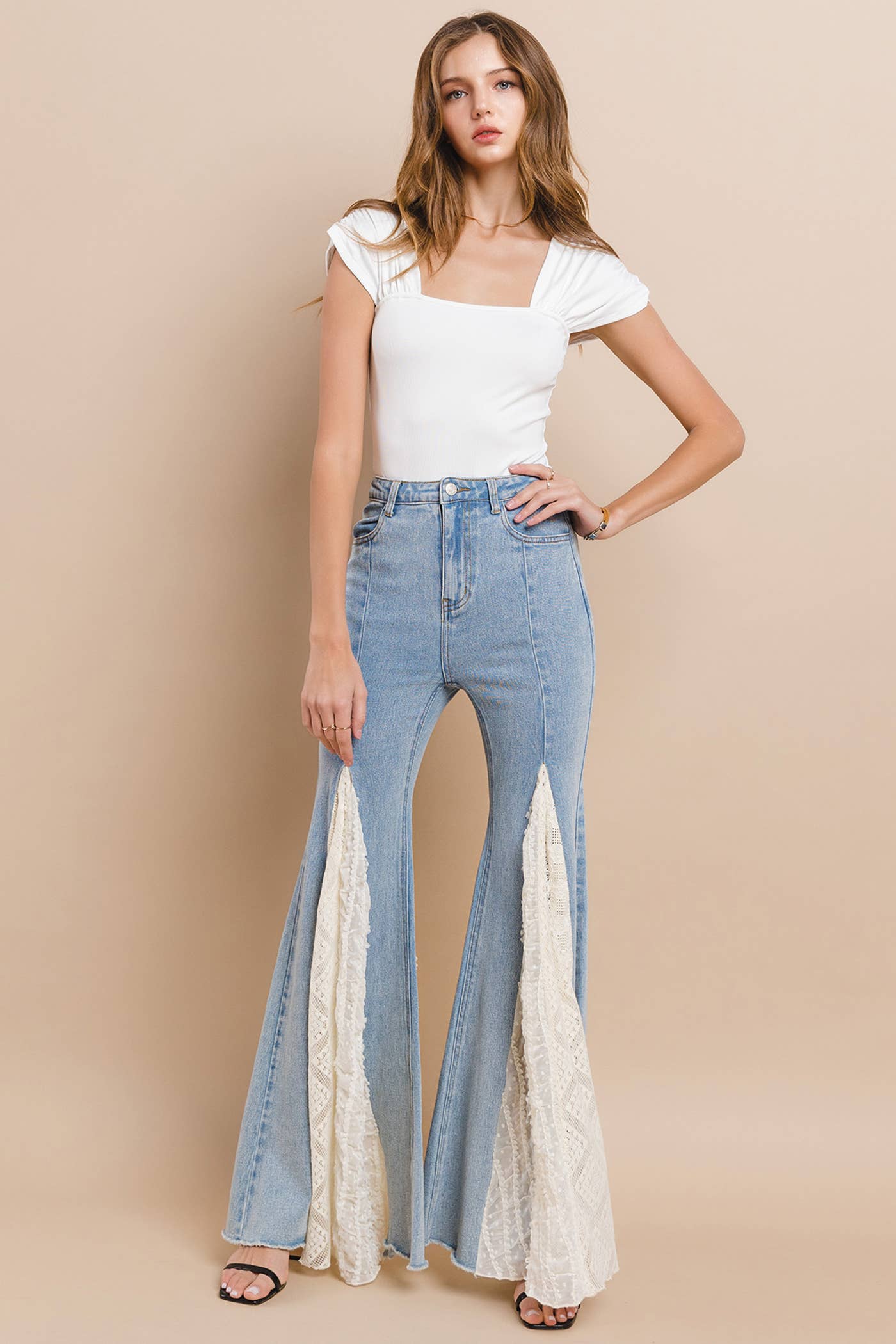 LACE DETAIL WIDE LEG JEANS 2481PIB LIGHT DENIM