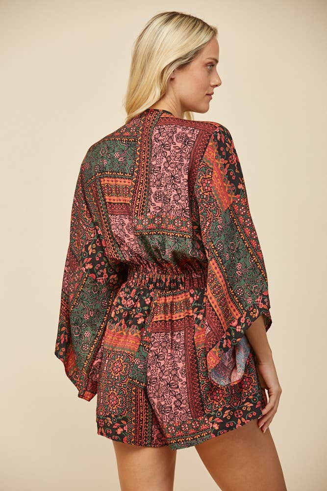 BATWING SLEEVED BOHO MIX PRINT ROMPER W4411RJ