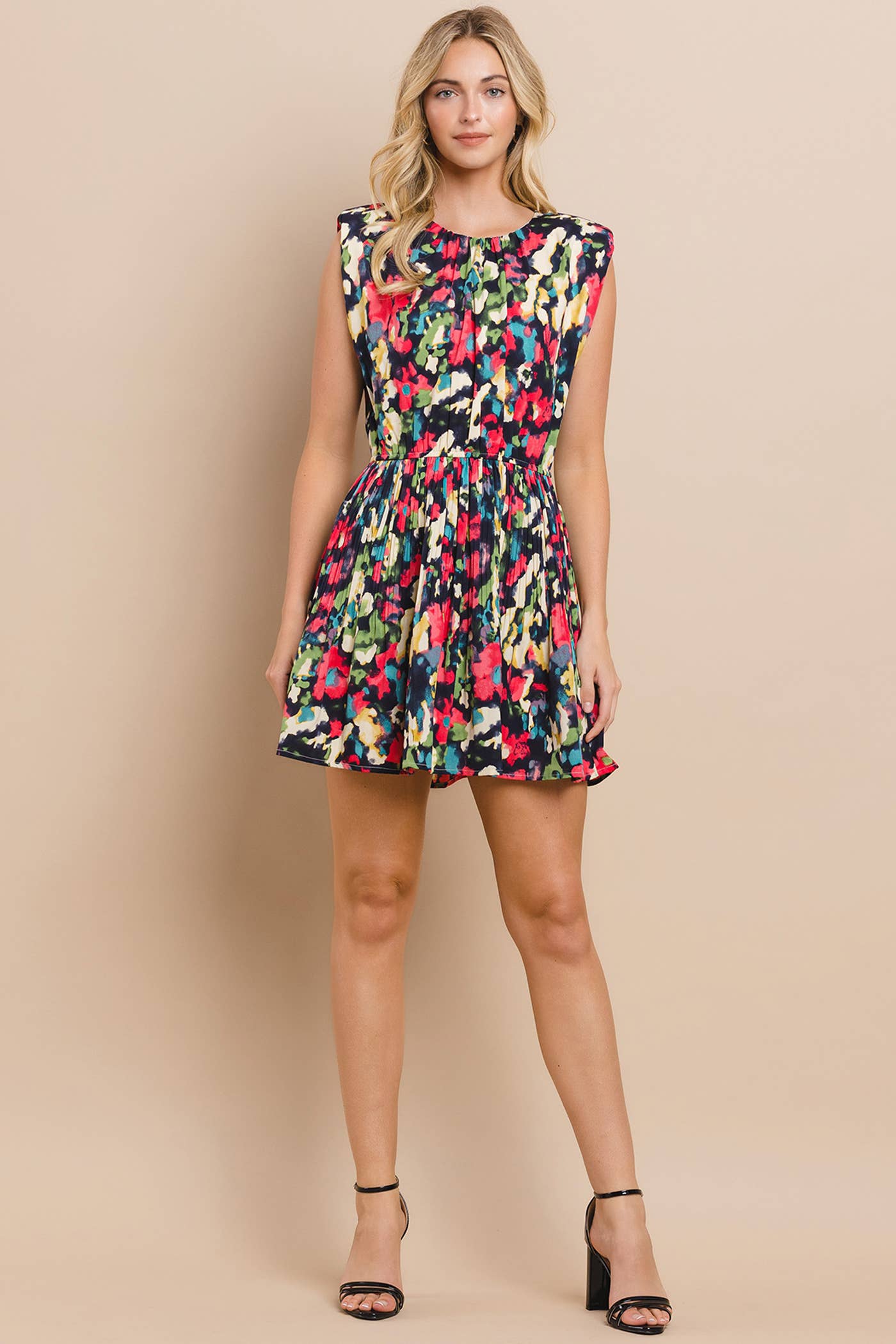 Abstract Printed Shoulder Padded Dress