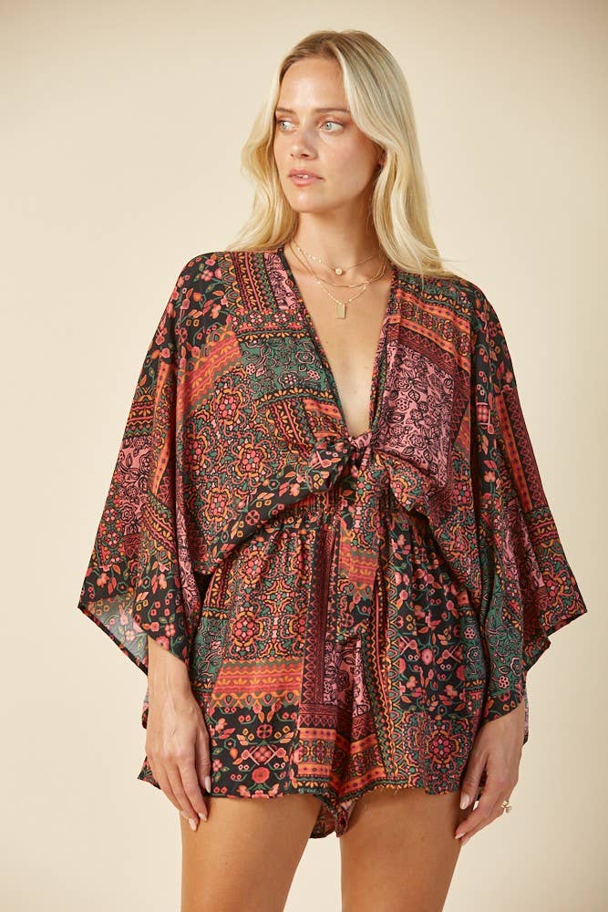 BATWING SLEEVED BOHO MIX PRINT ROMPER W4411RJ