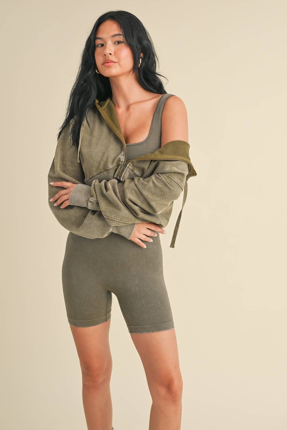 Mineral Wash Oversized Crop Hoodie Olive