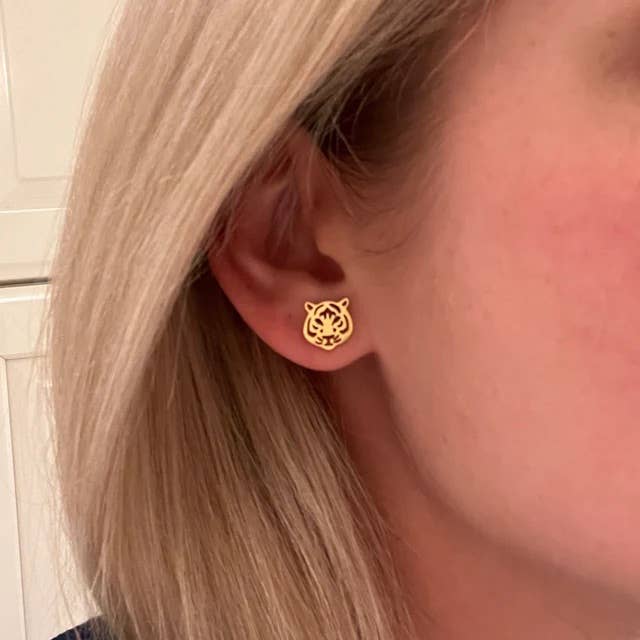 Cute Tiger Earrings, Tiger Football Gift, Gold Stud Earrings