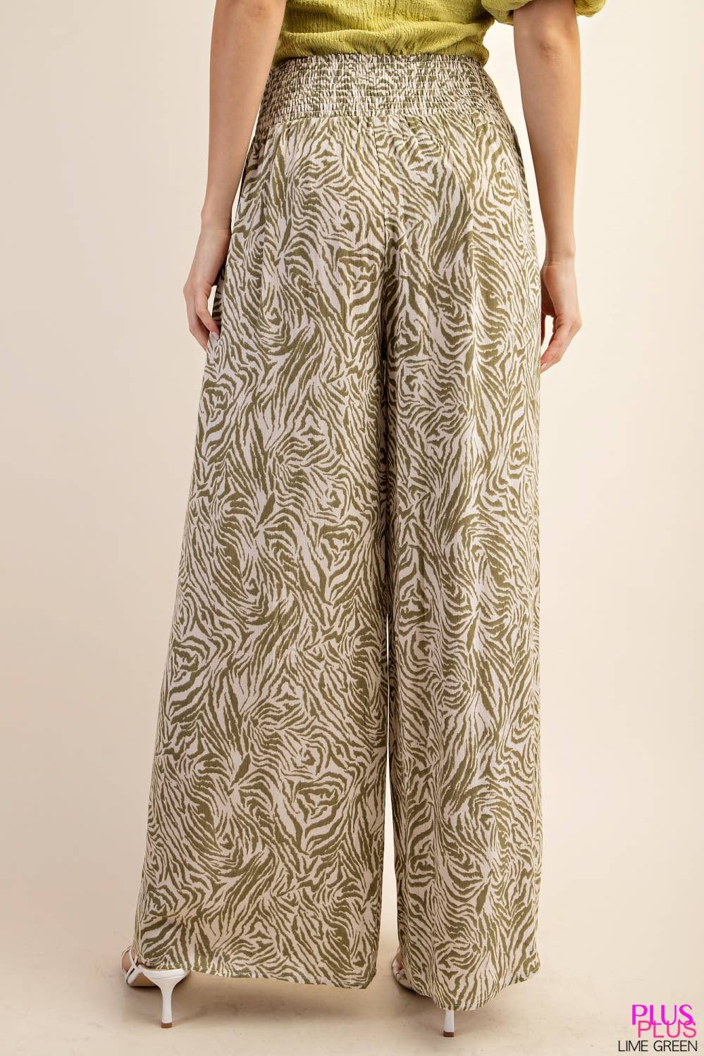 PLUS SIZE CRINKLE PRINTED LINED PANTS BACK SMOCKED