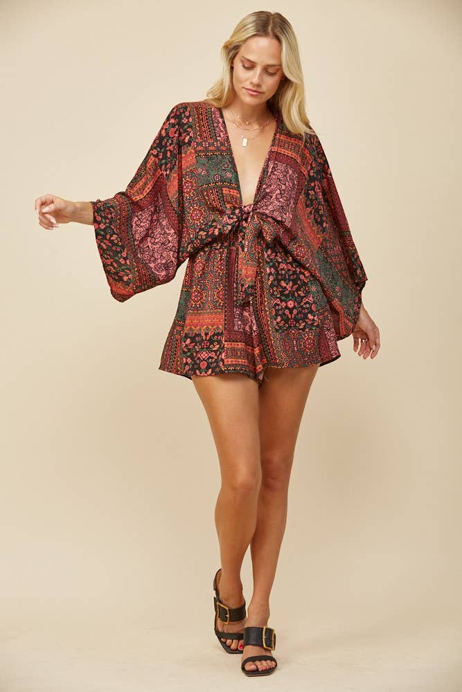 BATWING SLEEVED BOHO MIX PRINT ROMPER W4411RJ
