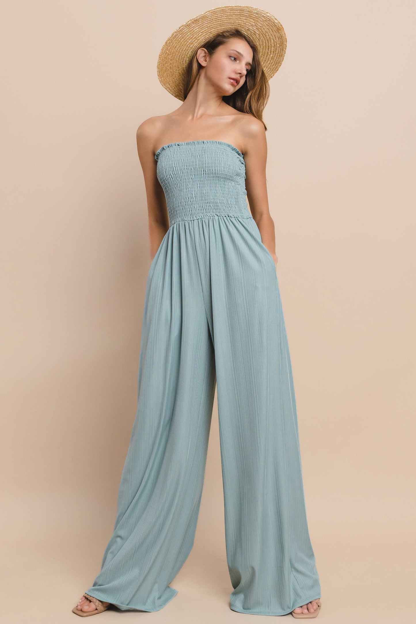 RIBBED KNIT SMOCKED TUBE JUMPSUIT W4466RA BLUSH