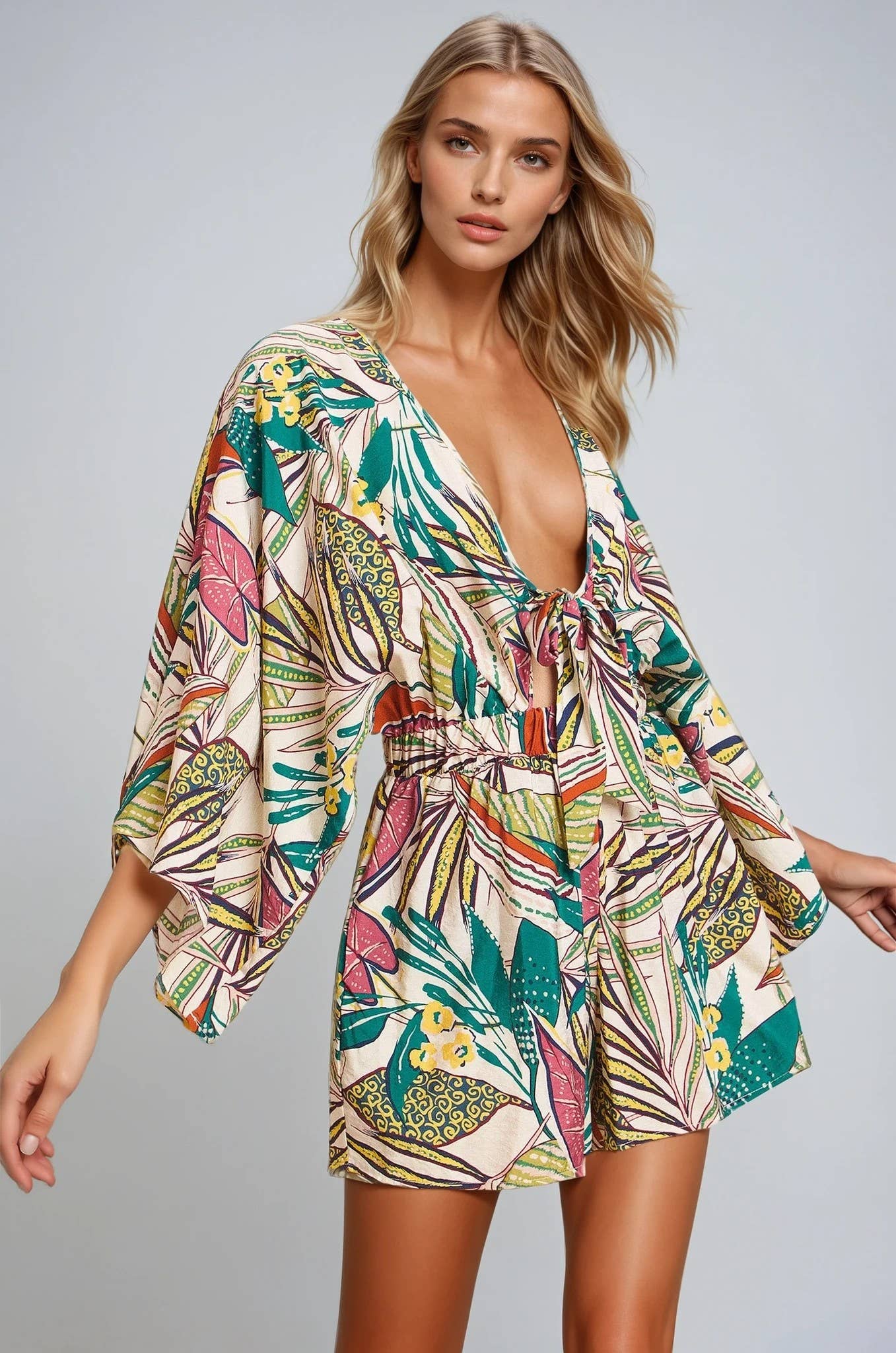 BATWING SLEEVED BOHO TROPICAL PRINT ROMPER 4411RH