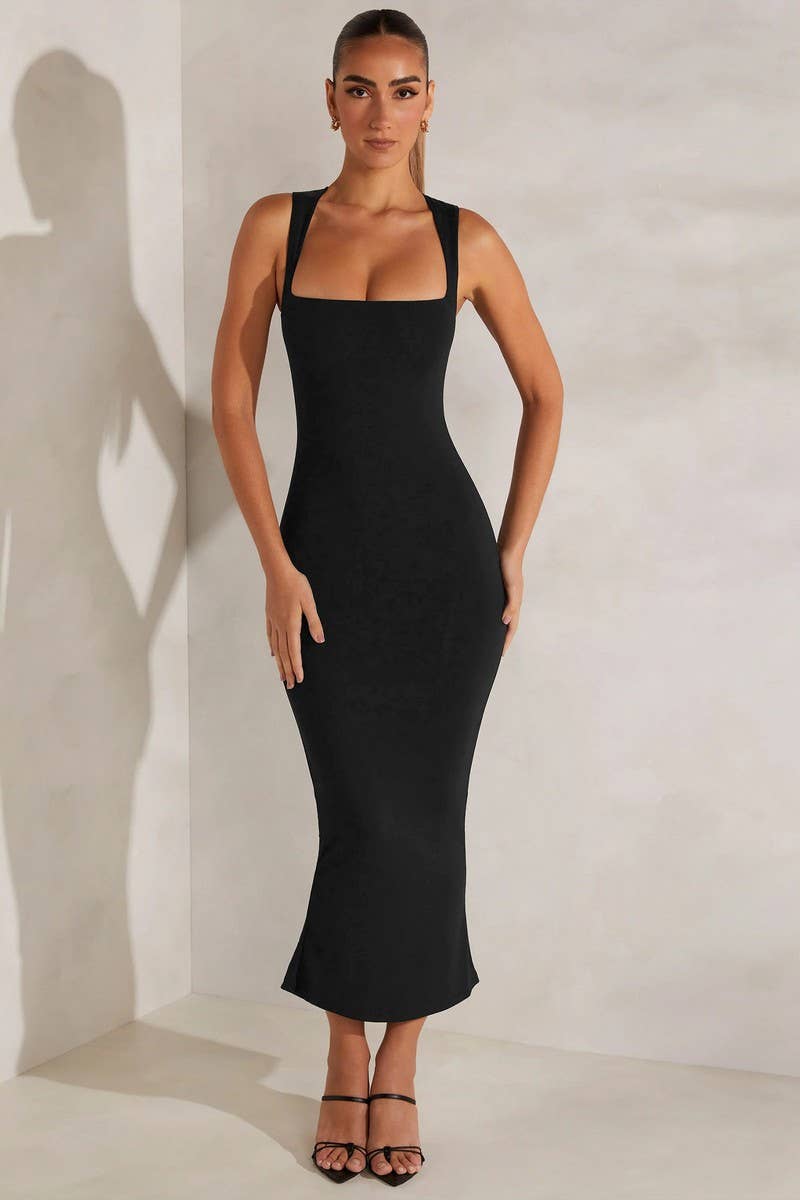 Square collar solid color sexy long bag buttock dress
