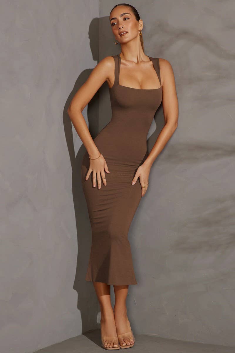 Square collar solid color sexy long bag buttock dress