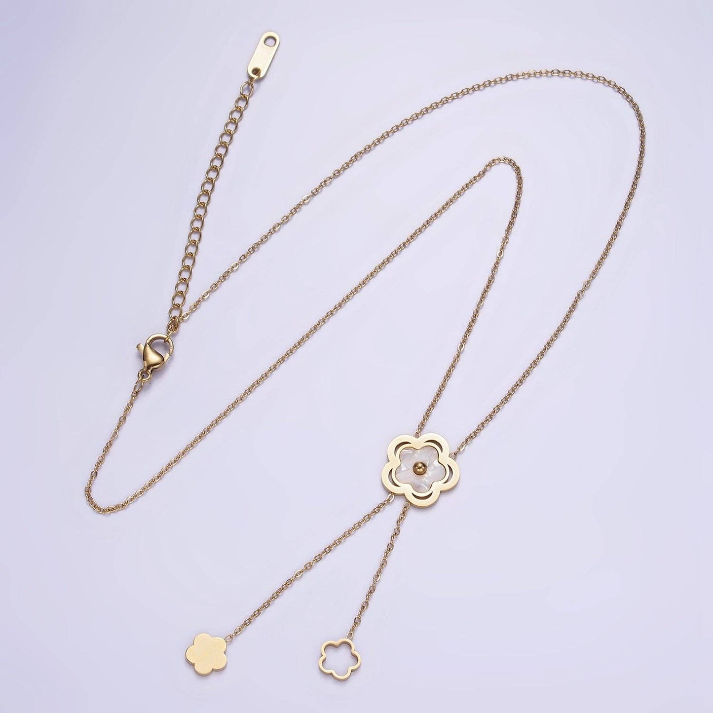 Stainless Steel Shell Pearl Open Flower Double Lariat 17 Inch Chain Necklace | WA-2085