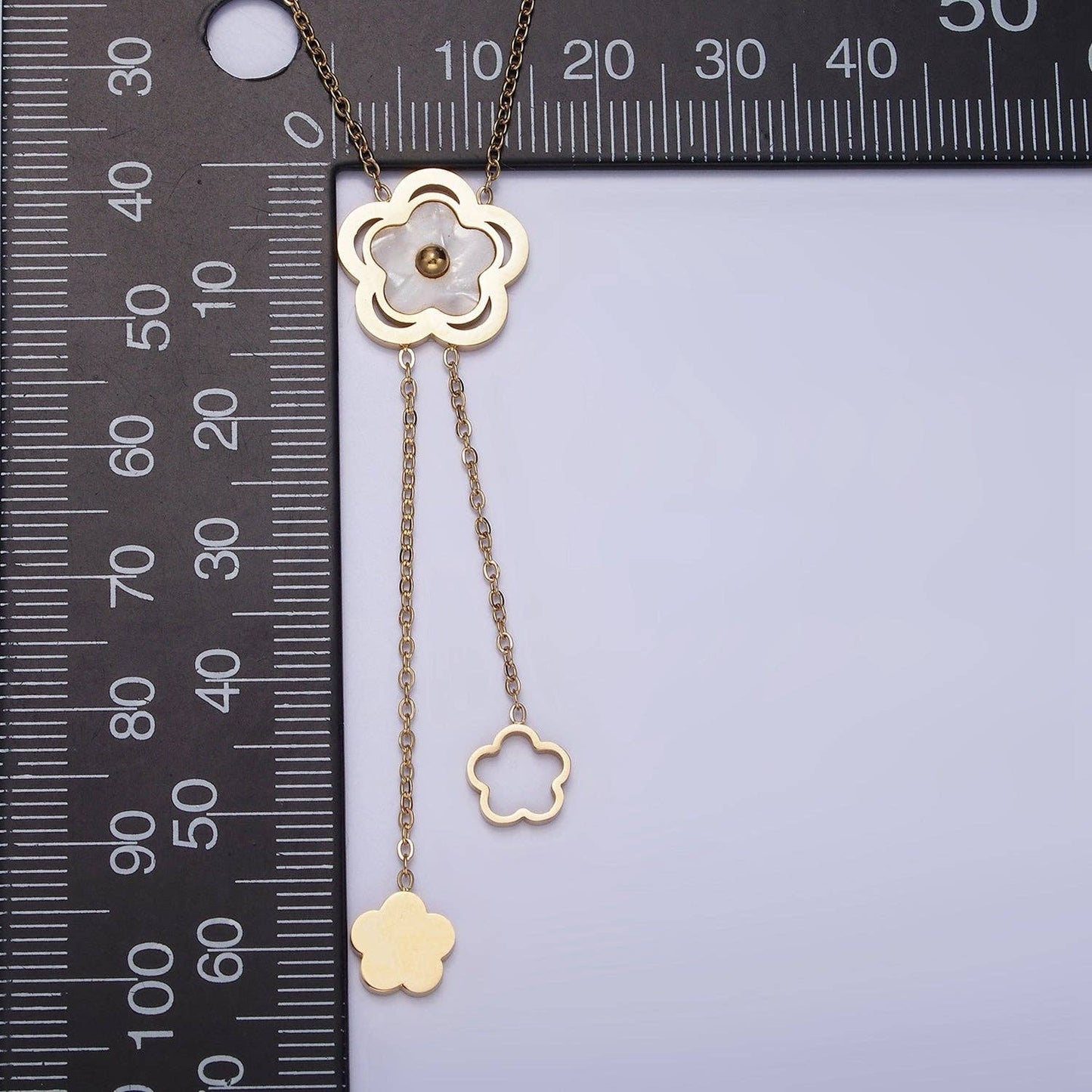 Stainless Steel Shell Pearl Open Flower Double Lariat 17 Inch Chain Necklace | WA-2085