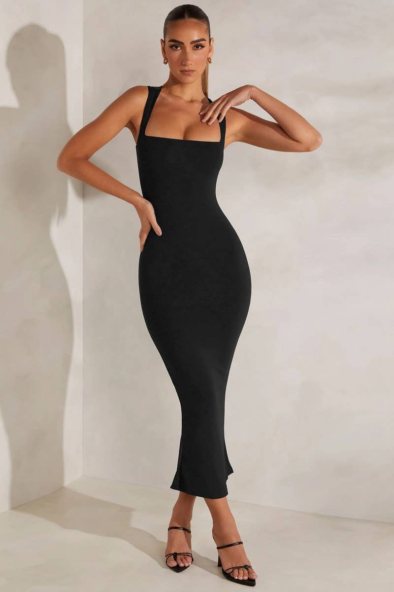 Square collar solid color sexy long bag buttock dress