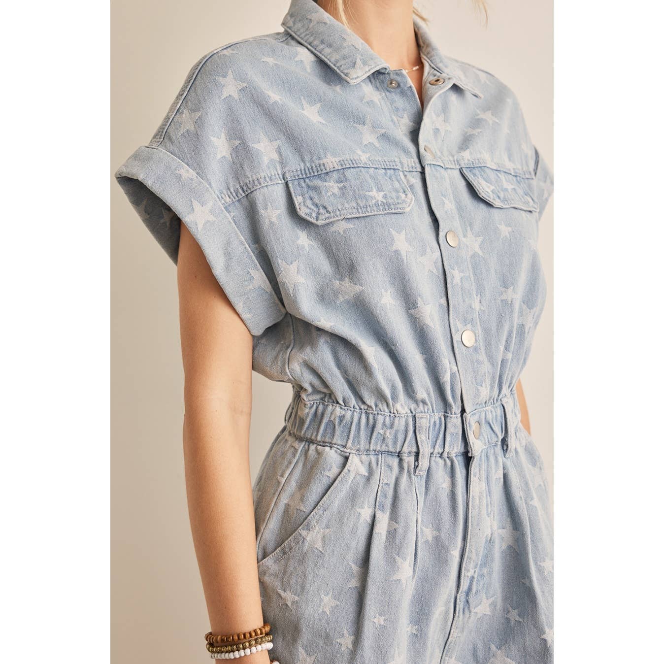 STAR PATTERENED DENIM UTILITY ROMPER
