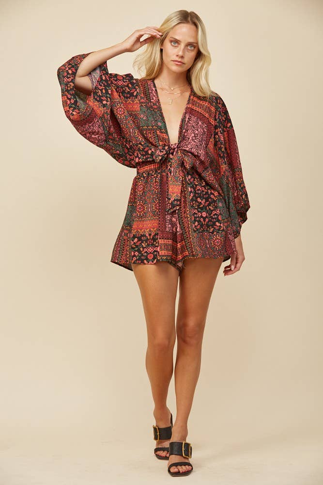 BATWING SLEEVED BOHO MIX PRINT ROMPER W4411RJ