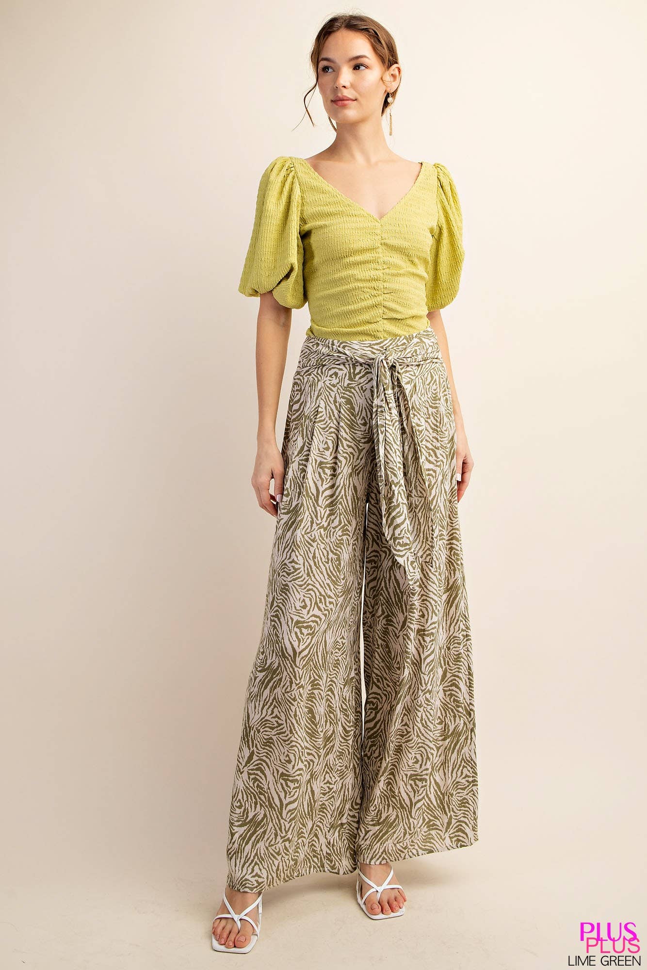 PLUS SIZE CRINKLE PRINTED LINED PANTS BACK SMOCKED