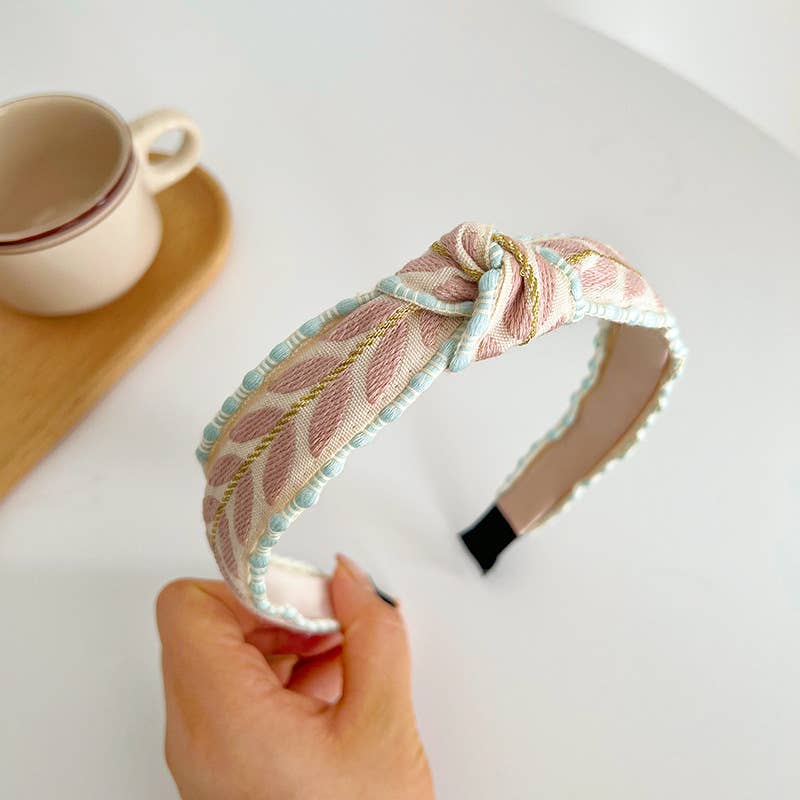 Embroidered Leaf Contrast Trim Knot Headband
