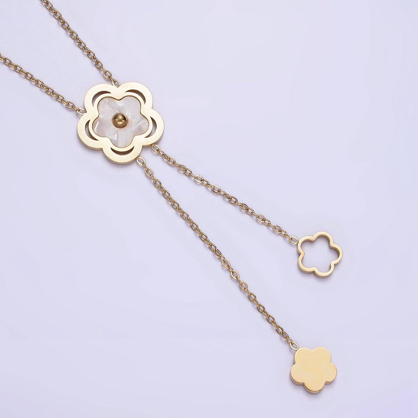 Stainless Steel Shell Pearl Open Flower Double Lariat 17 Inch Chain Necklace | WA-2085