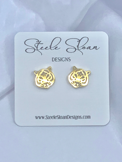 Cute Tiger Earrings, Tiger Football Gift, Gold Stud Earrings