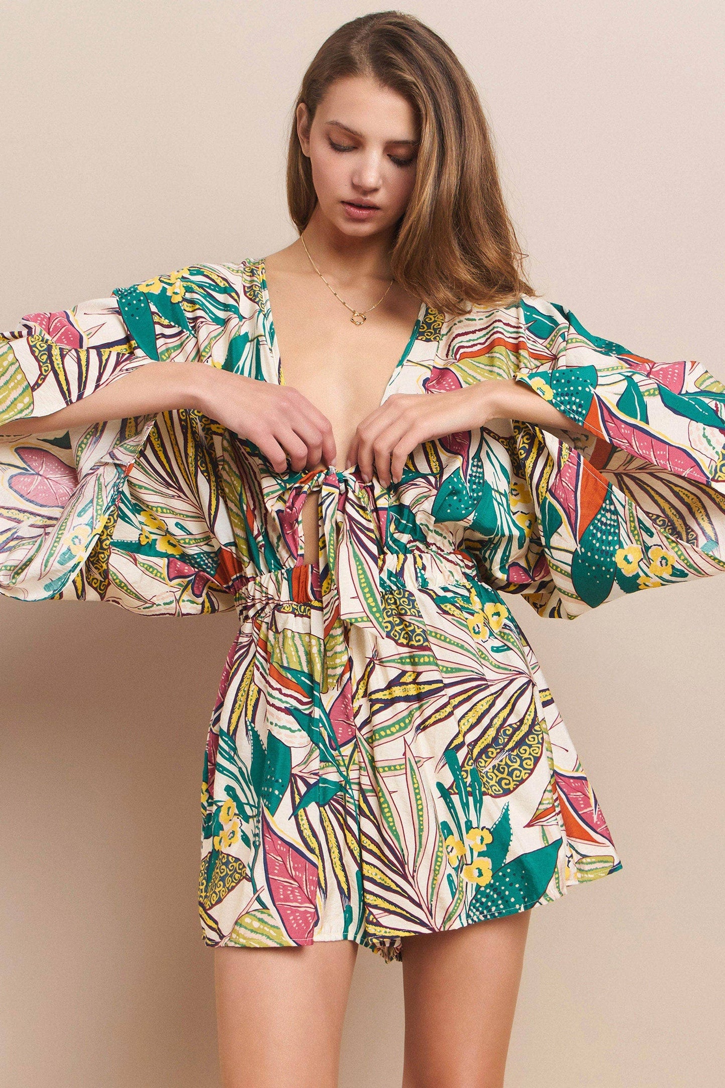 BATWING SLEEVED BOHO TROPICAL PRINT ROMPER 4411RH