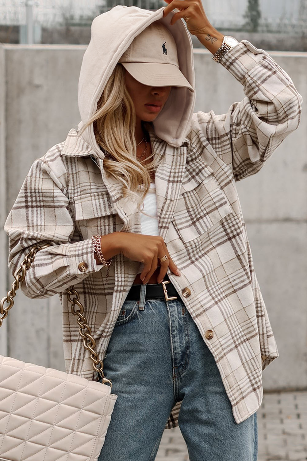 Khaki Plaid Shirt emovable Hood Buttoned Shacket