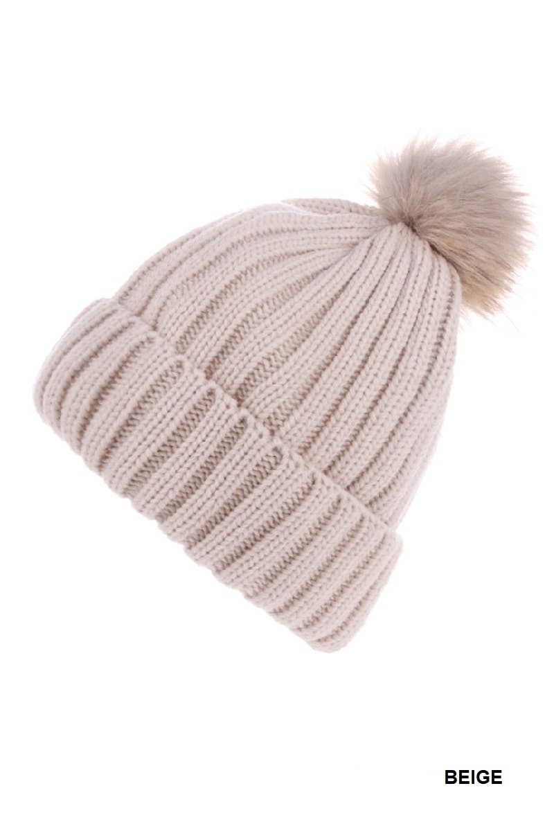 Ribbed Knitted Pom Pom Beanie