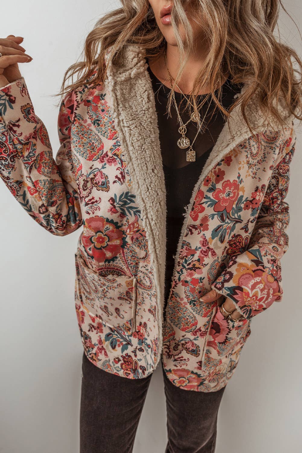 LDC Vintage Paisley Floral Sherpa Lined Hooded Jacket