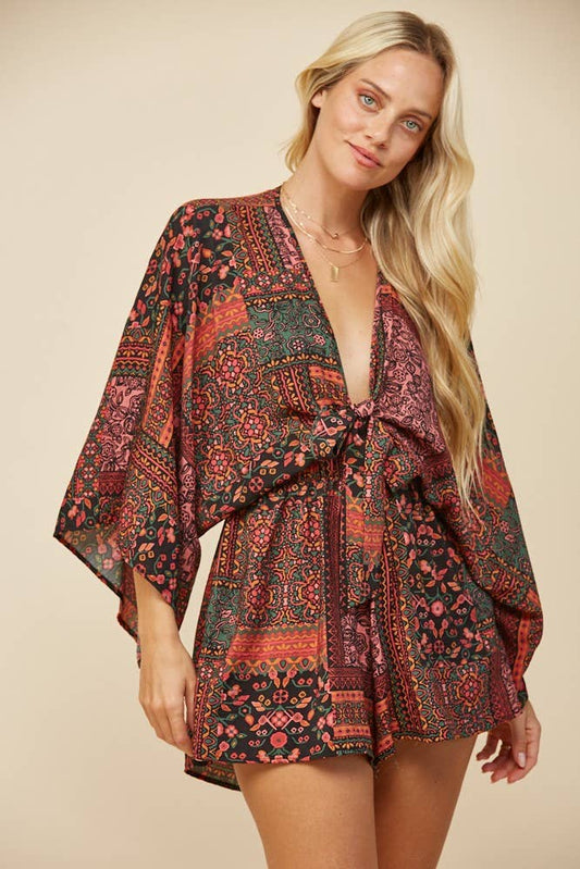 BATWING SLEEVED BOHO MIX PRINT ROMPER W4411RJ