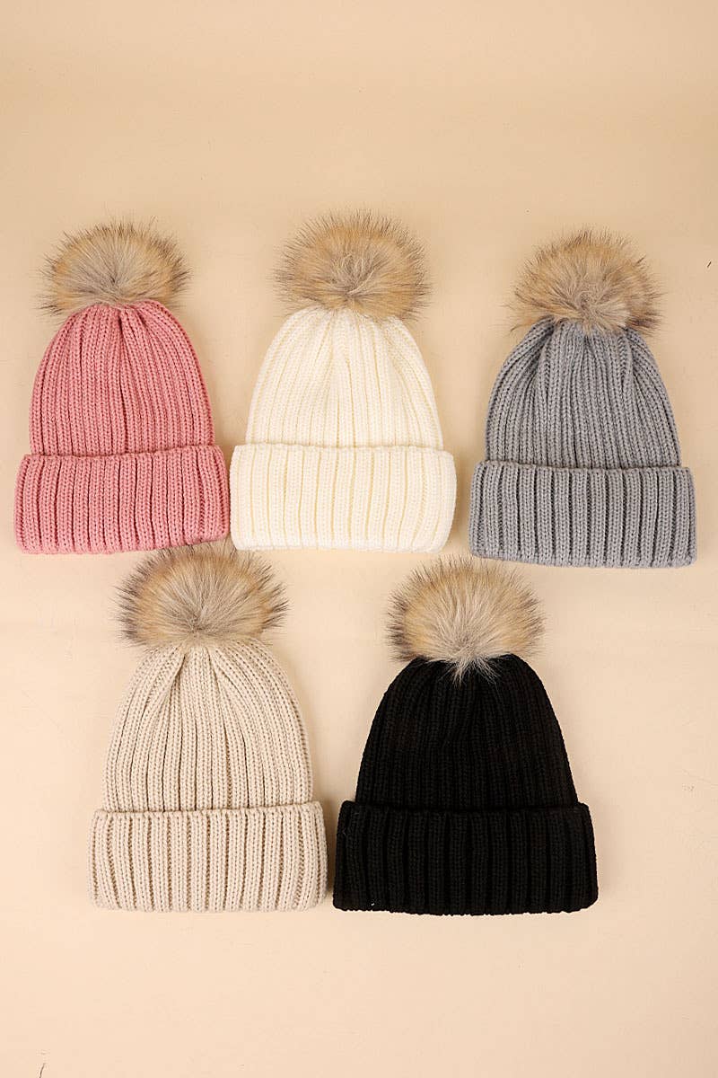 Ribbed Knitted Pom Pom Beanie