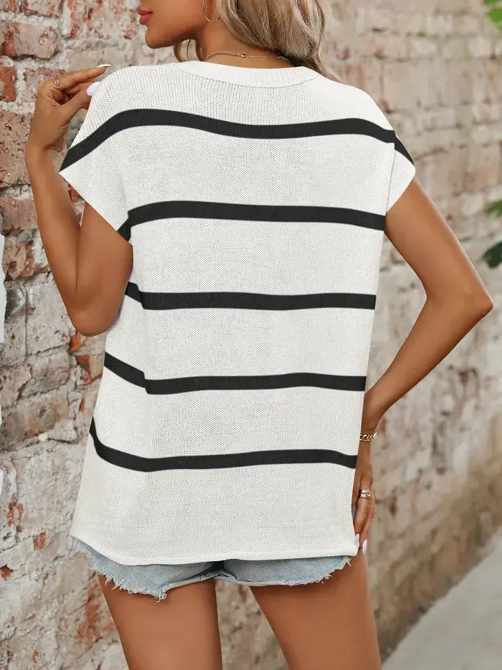 Striped Crewneck Sweater Thick Knit Casual Blouse