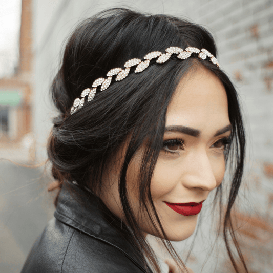 Adjustable Headband - Black Rhinestone Leaf