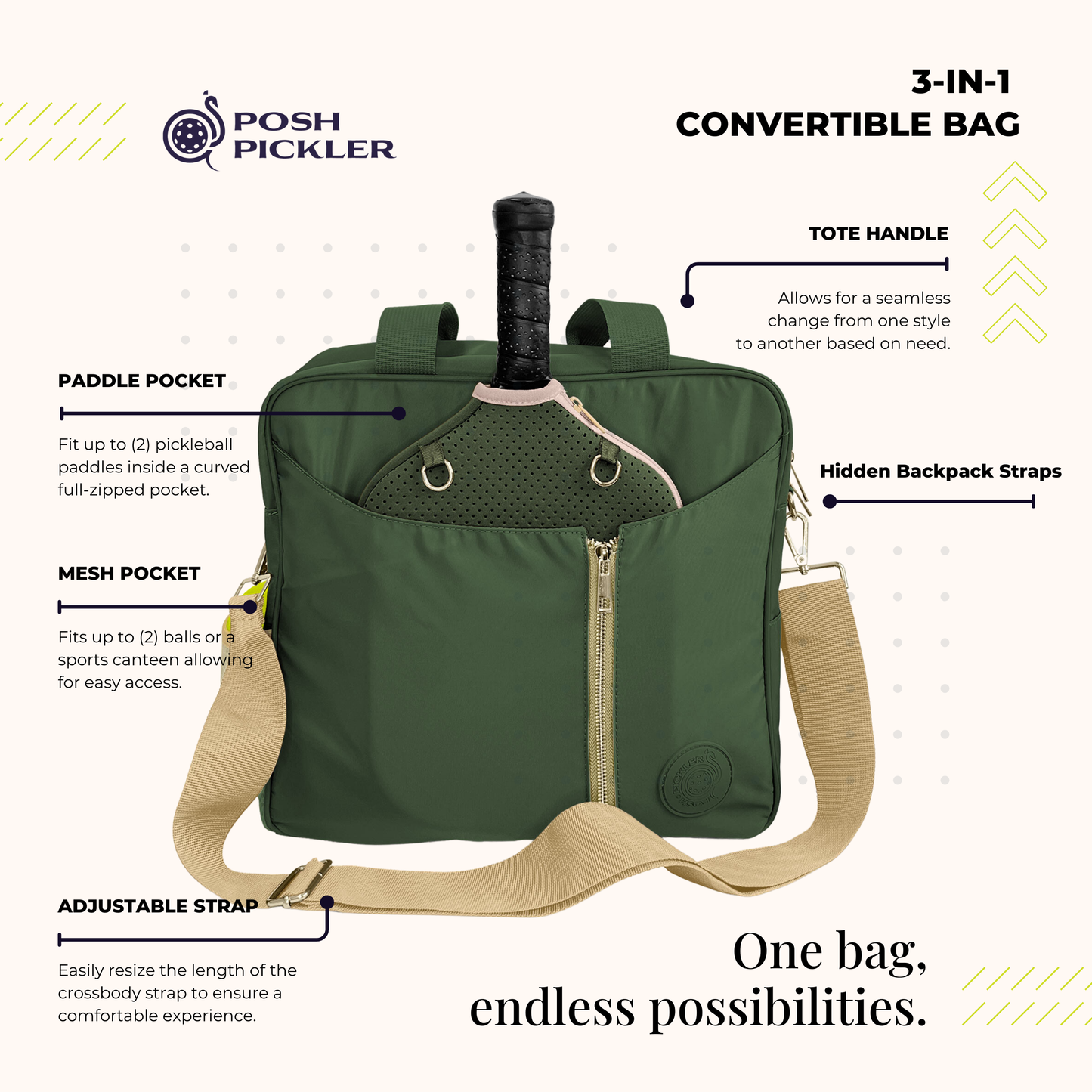 Pickleball Bag – 3-in-1 Tote, Crossbody, Backpack | Green