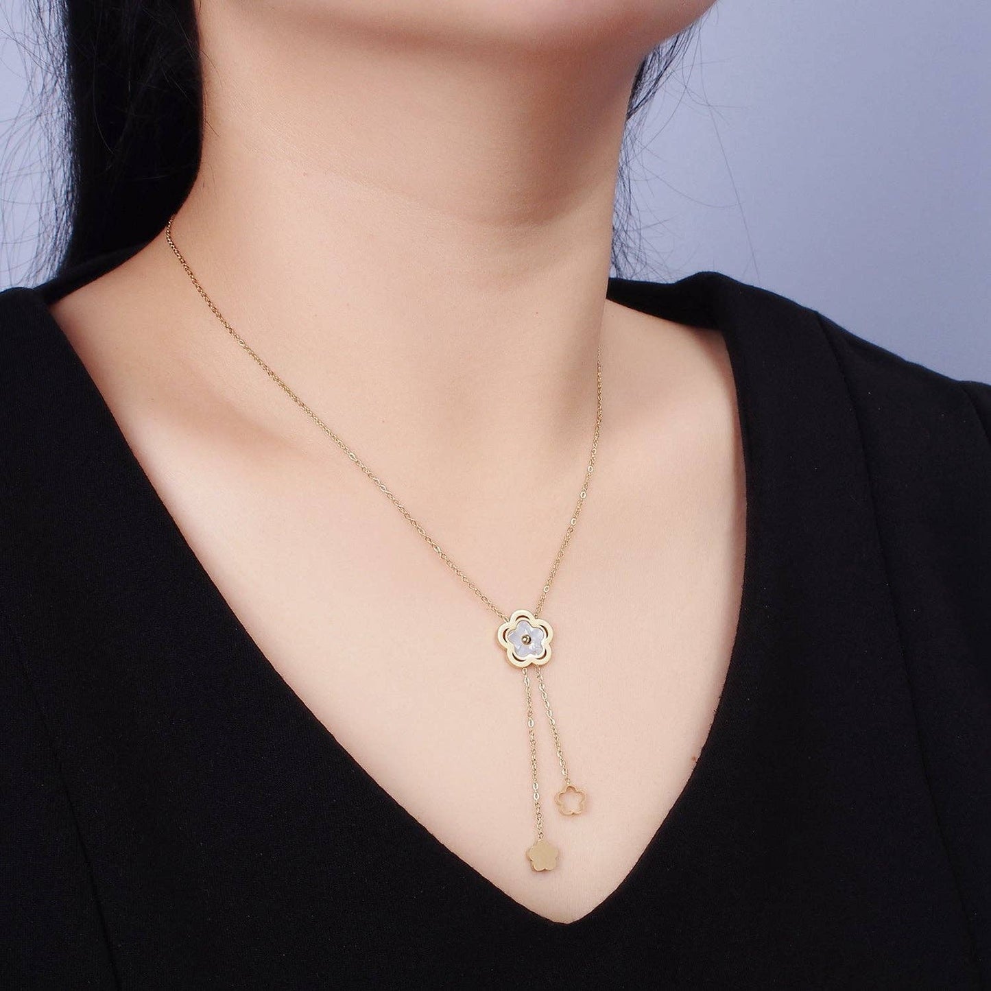 Stainless Steel Shell Pearl Open Flower Double Lariat 17 Inch Chain Necklace | WA-2085