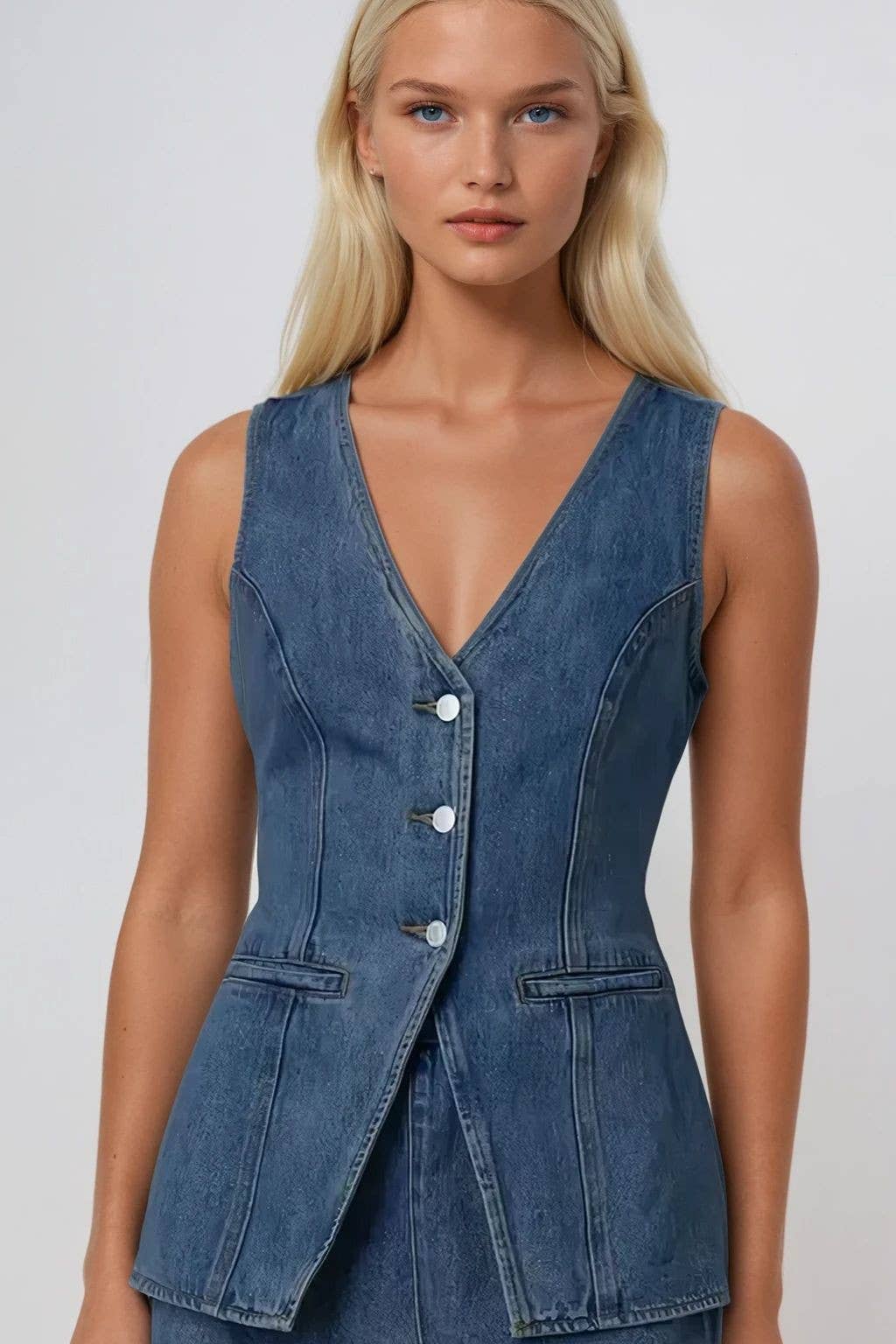 LONGLINE BUTTON UP DENIM VEST TOP 6171JIA